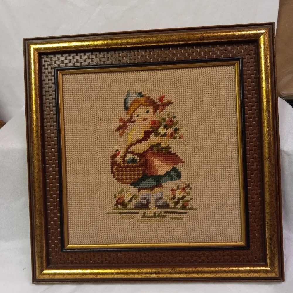 Framed Needlepoint Little Dutch Girl with Basket Of Flowers 12x12